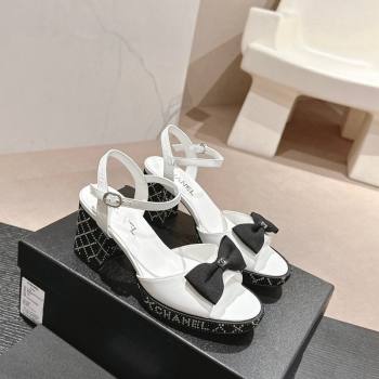 Chanel Calfskin Heel Sandals 7.5cm with Bow and Quilted Strass White 2024 0603 (MD-240603030)