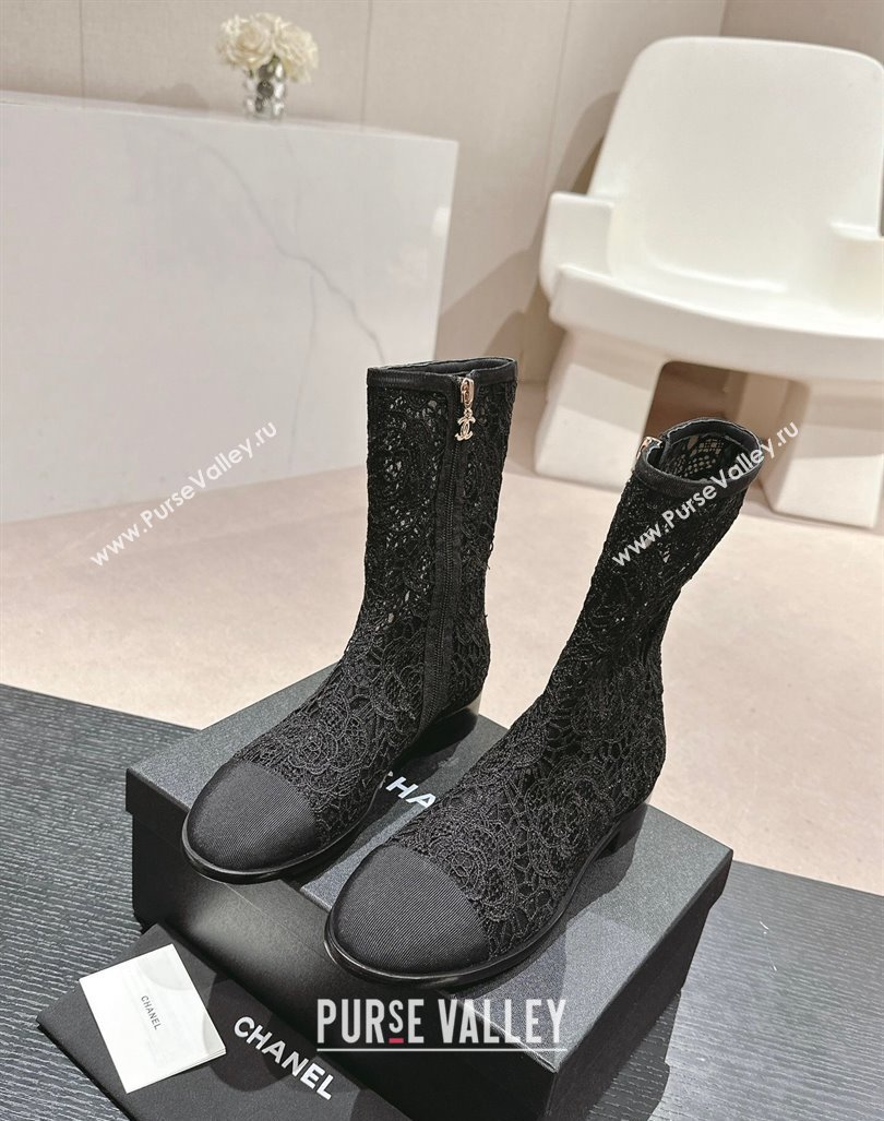 Chanel Lace Flat Ankle Boots Black 2024 0603 (MD-240603120)