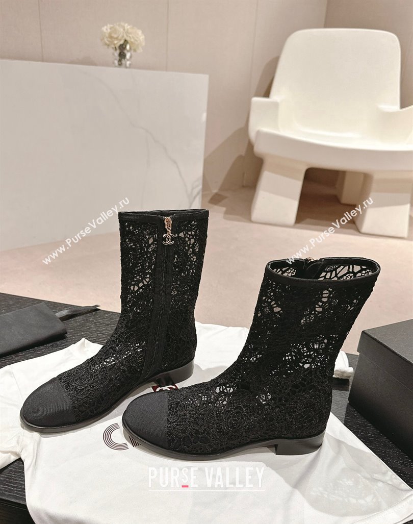 Chanel Lace Flat Ankle Boots Black 2024 0603 (MD-240603120)