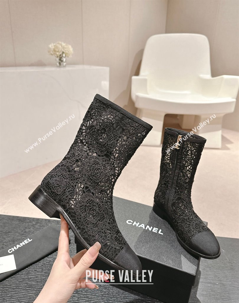 Chanel Lace Flat Ankle Boots Black 2024 0603 (MD-240603120)