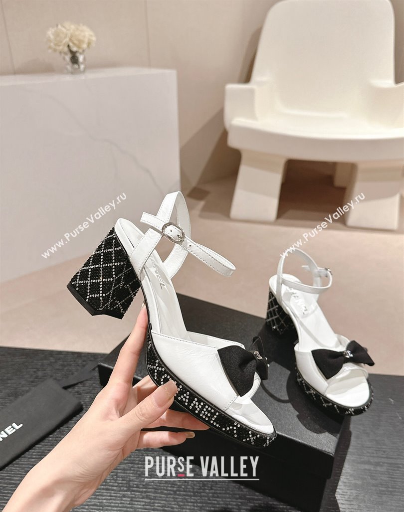 Chanel Calfskin Heel Sandals 7.5cm with Bow and Quilted Strass White 2024 0603 (MD-240603030)