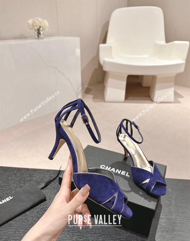 Chanel Suede Heel Sandals 7cm Blue 2024 060302 (MD-240603122)