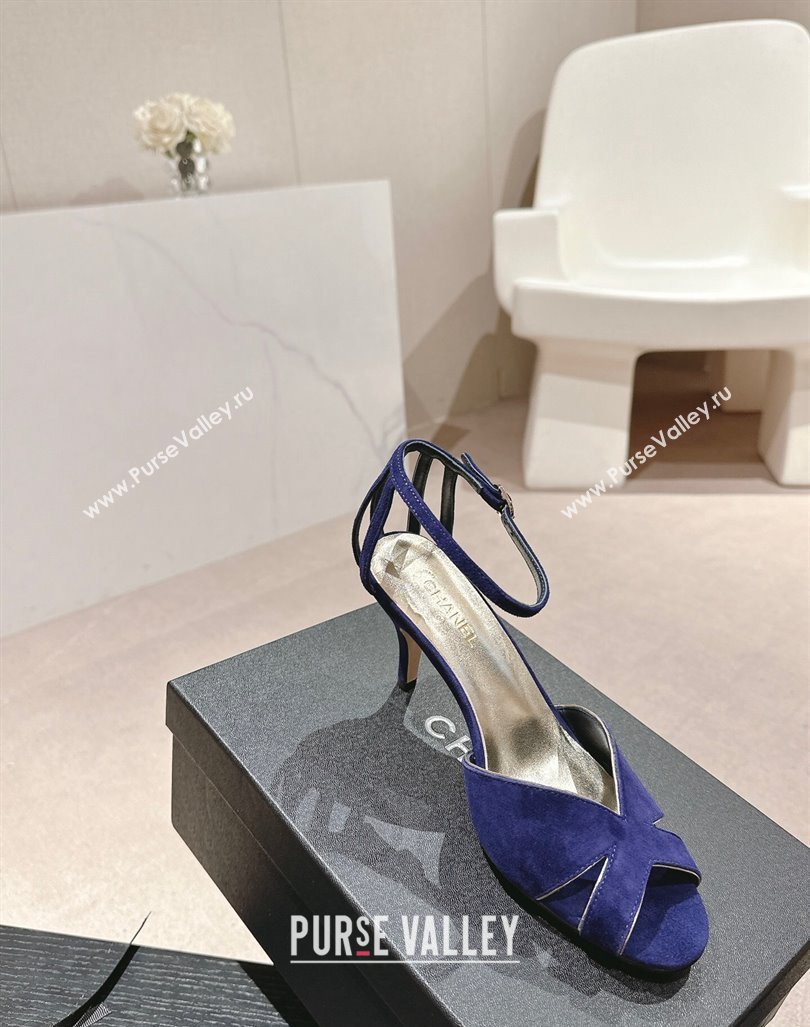 Chanel Suede Heel Sandals 7cm Blue 2024 060302 (MD-240603122)