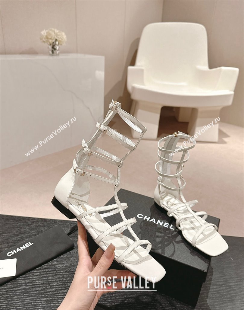 Chanel Calfskin Roman Flat Sandals White 2024 060302 (MD-240603127)