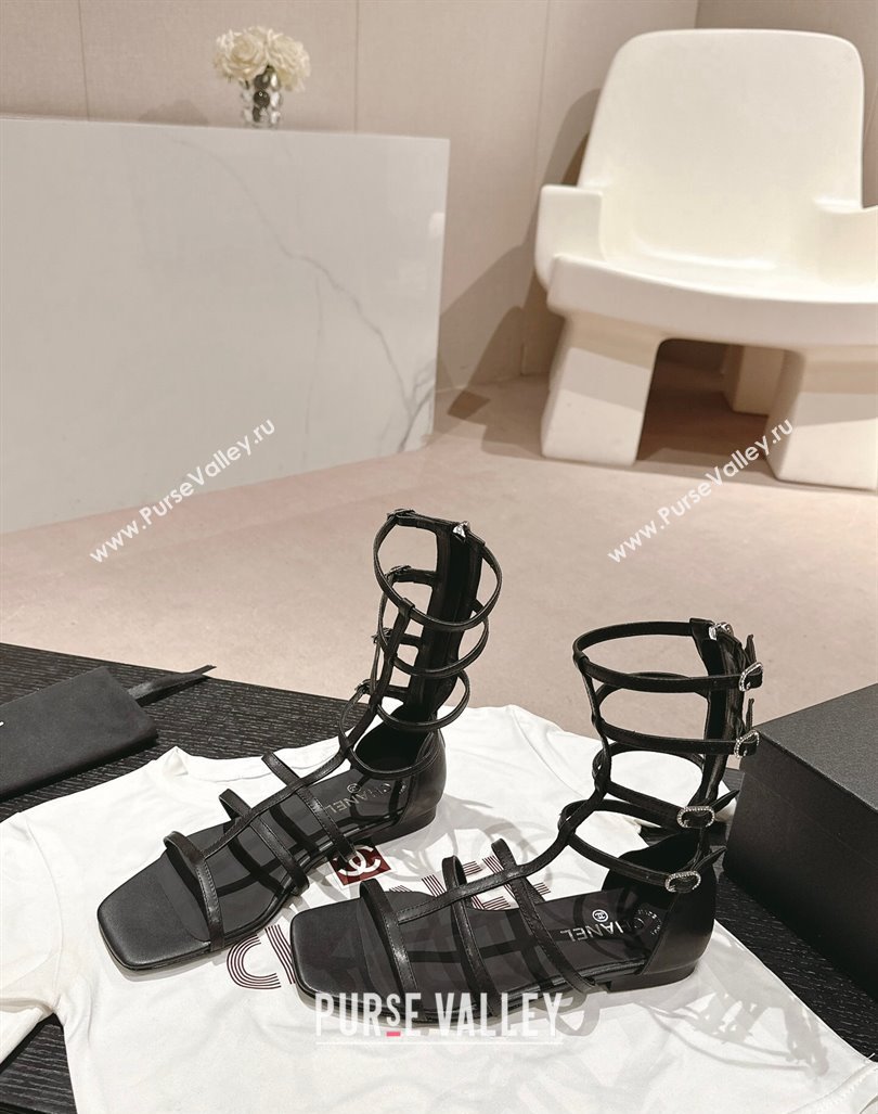 Chanel Calfskin Roman Flat Sandals Black 2024 060302 (MD-240603128)