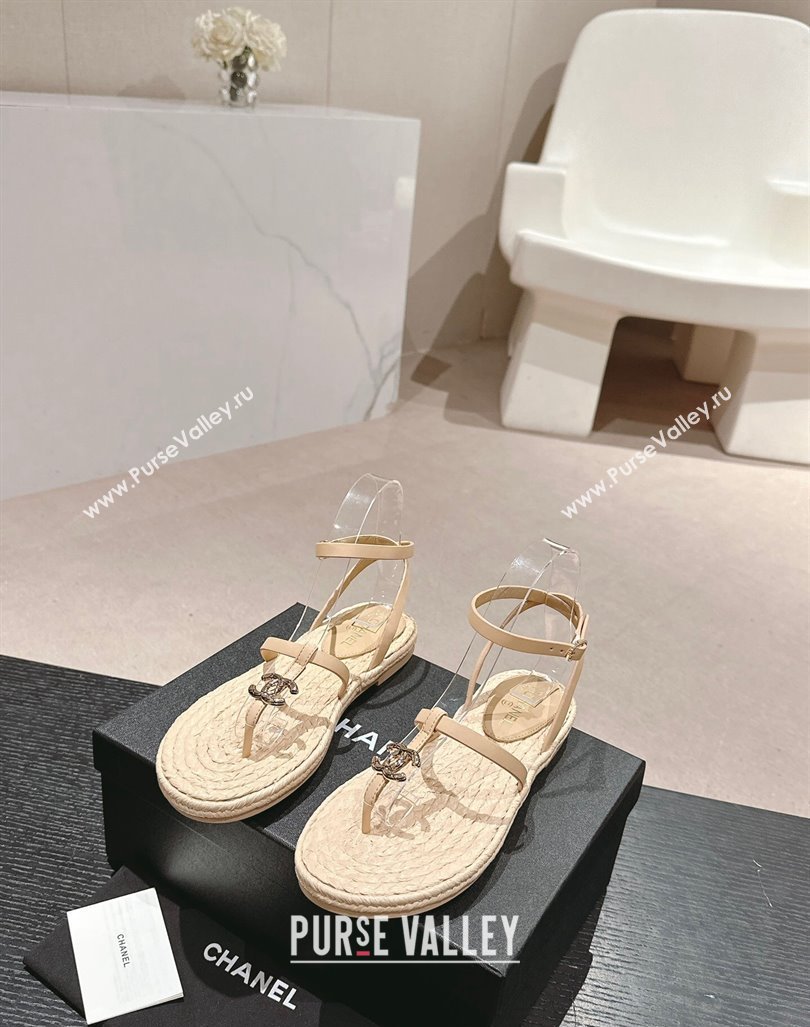 Chanel Calfskin Espadrille Flat Thong Sandals Beige 2024 0603 (MD-240603129)