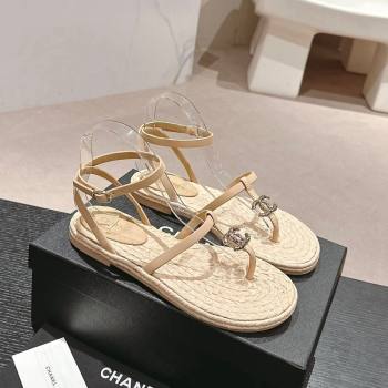 Chanel Calfskin Espadrille Flat Thong Sandals Beige 2024 0603 (MD-240603129)