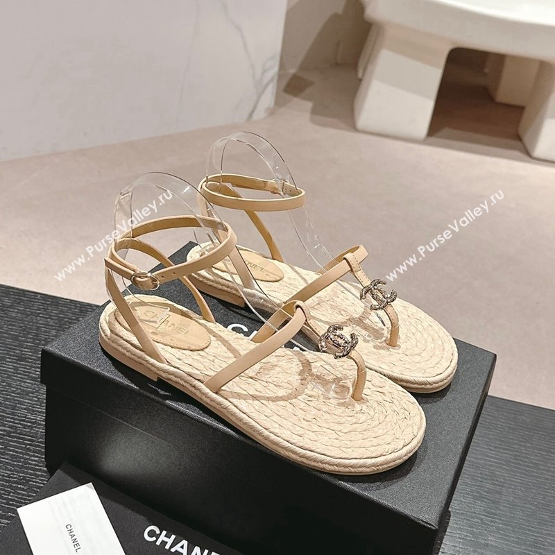 Chanel Calfskin Espadrille Flat Thong Sandals Beige 2024 0603 (MD-240603129)