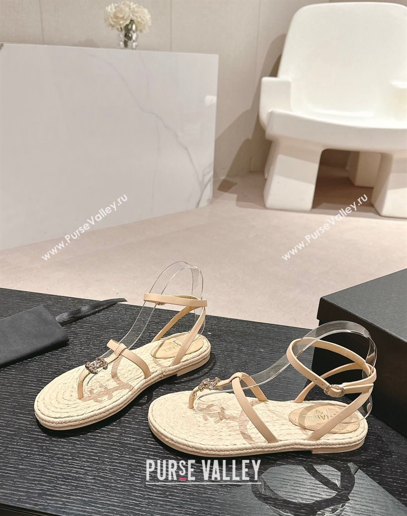 Chanel Calfskin Espadrille Flat Thong Sandals Beige 2024 0603 (MD-240603129)