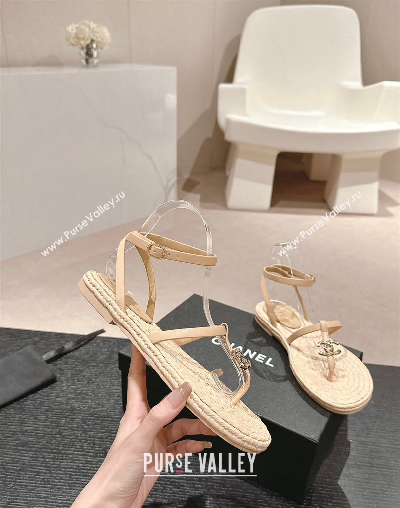 Chanel Calfskin Espadrille Flat Thong Sandals Beige 2024 0603 (MD-240603129)