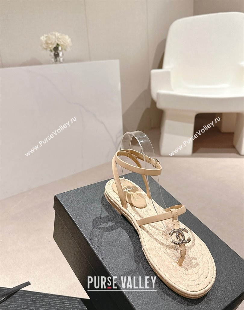 Chanel Calfskin Espadrille Flat Thong Sandals Beige 2024 0603 (MD-240603129)