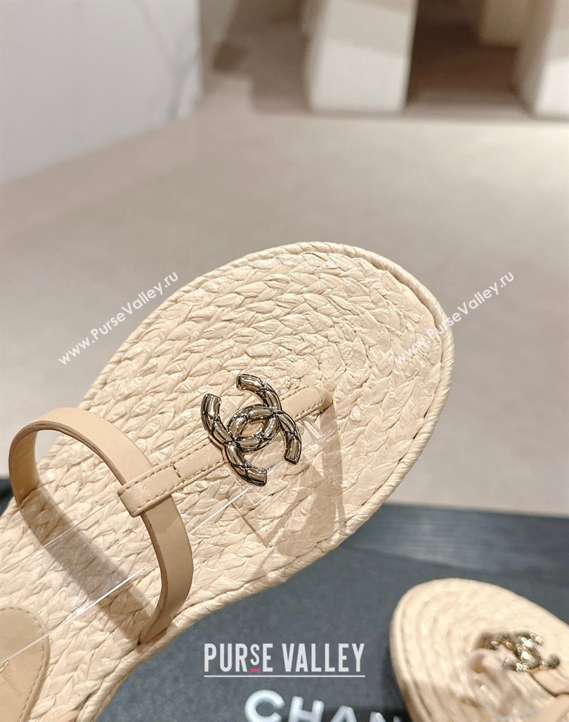 Chanel Calfskin Espadrille Flat Thong Sandals Beige 2024 0603 (MD-240603129)