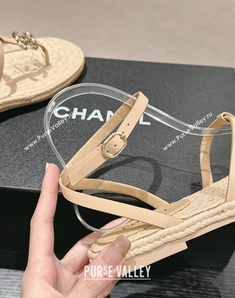 Chanel Calfskin Espadrille Flat Thong Sandals Beige 2024 0603 (MD-240603129)