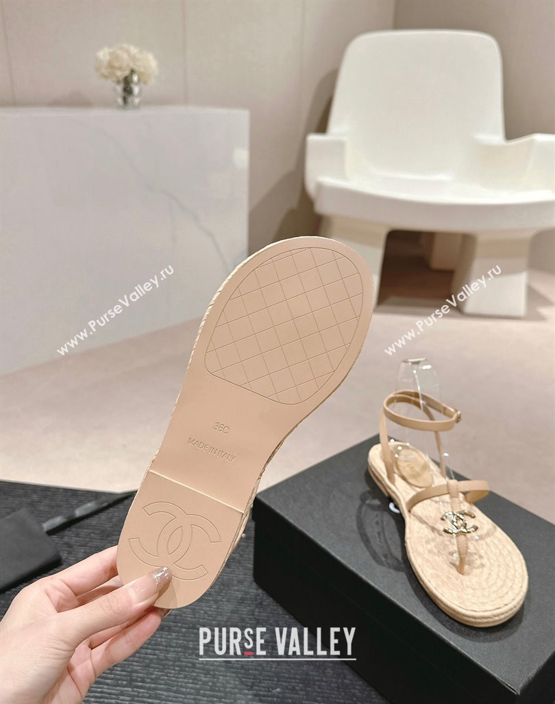 Chanel Calfskin Espadrille Flat Thong Sandals Beige 2024 0603 (MD-240603129)