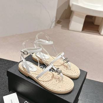 Chanel Calfskin Espadrille Flat Thong Sandals White 2024 0603 (MD-240603130)