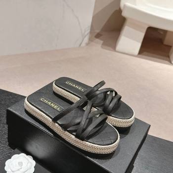 Chanel Calfskin Espadrille Flat Slide Sandals with Studs Chain Black 2024 (MD-240603021)