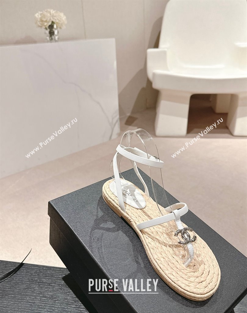 Chanel Calfskin Espadrille Flat Thong Sandals White 2024 0603 (MD-240603130)