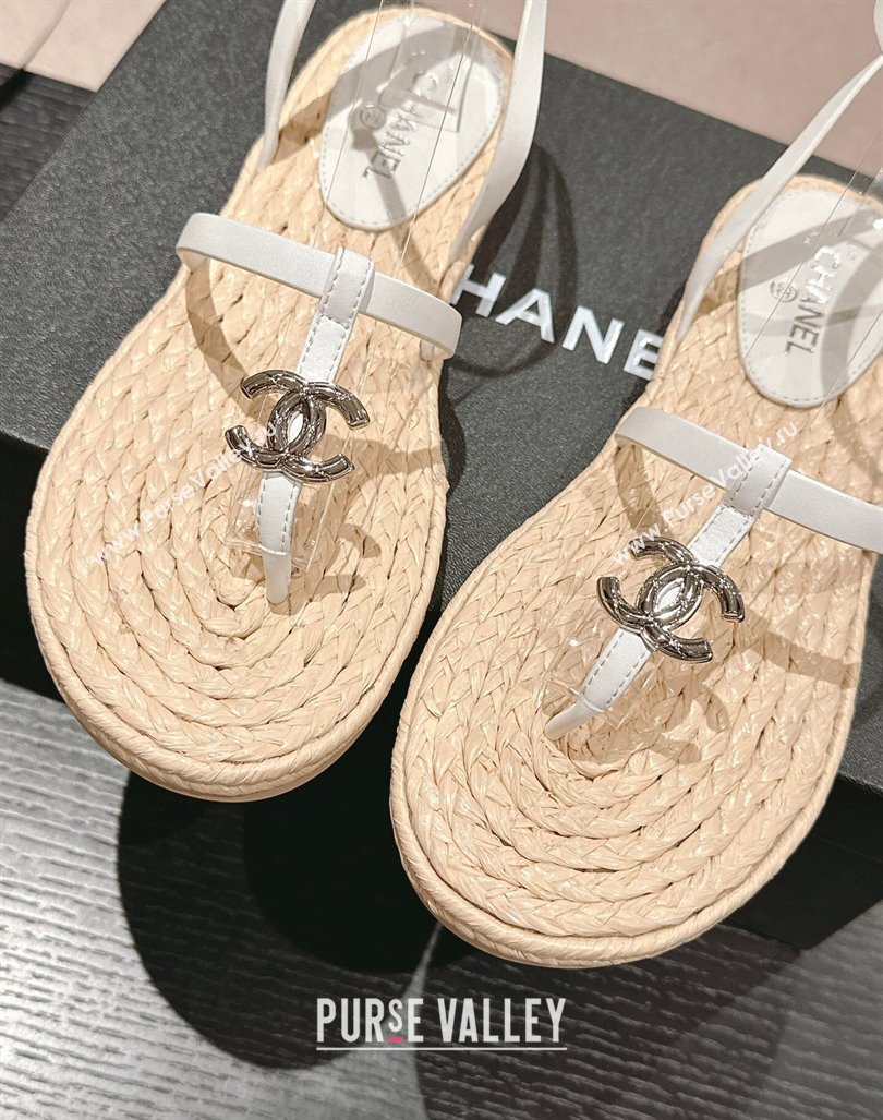 Chanel Calfskin Espadrille Flat Thong Sandals White 2024 0603 (MD-240603130)