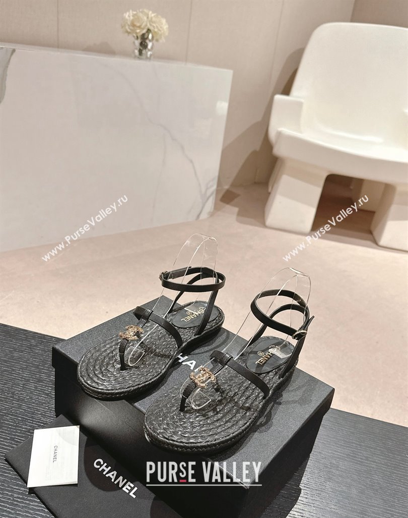 Chanel Calfskin Espadrille Flat Thong Sandals Black 2024 0603 (MD-240603131)