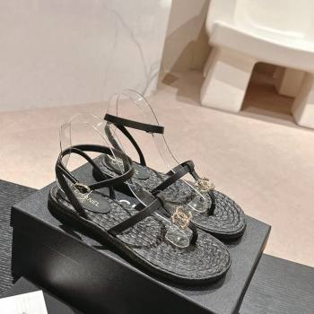 Chanel Calfskin Espadrille Flat Thong Sandals Black 2024 0603 (MD-240603131)