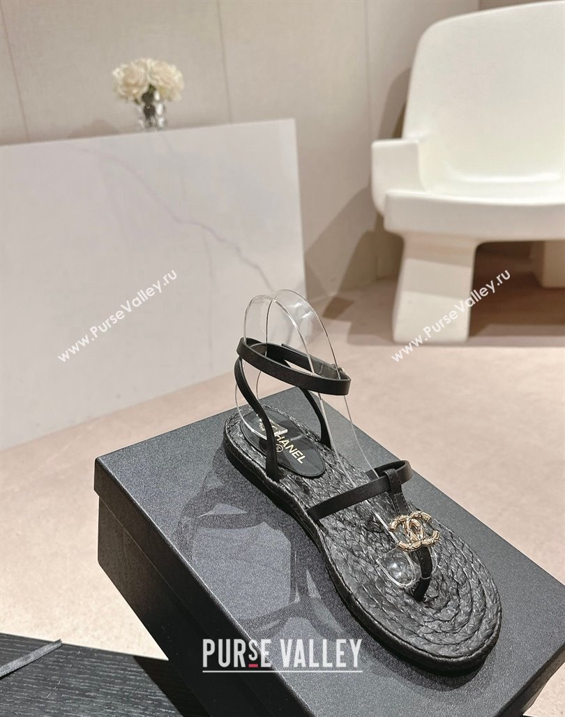 Chanel Calfskin Espadrille Flat Thong Sandals Black 2024 0603 (MD-240603131)