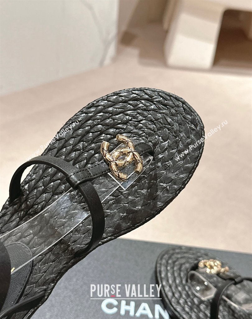 Chanel Calfskin Espadrille Flat Thong Sandals Black 2024 0603 (MD-240603131)