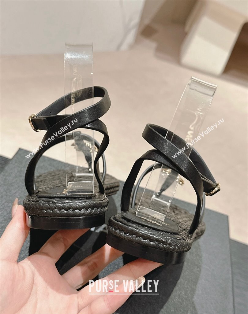 Chanel Calfskin Espadrille Flat Thong Sandals Black 2024 0603 (MD-240603131)