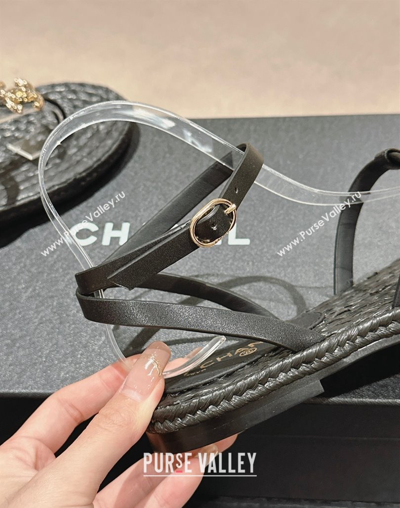 Chanel Calfskin Espadrille Flat Thong Sandals Black 2024 0603 (MD-240603131)