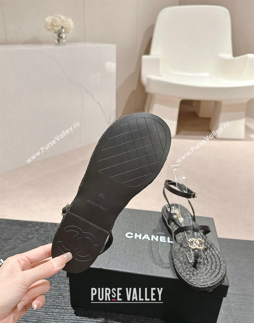 Chanel Calfskin Espadrille Flat Thong Sandals Black 2024 0603 (MD-240603131)