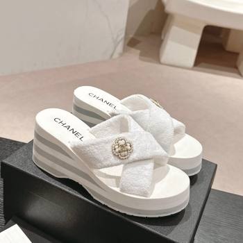 Chanel Towl Wedge Slides Sandals 7cm White 2024 0603 (MD-240603132)