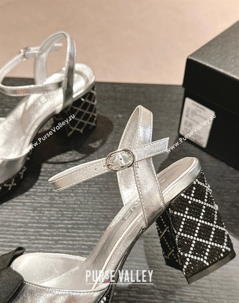 Chanel Calfskin Heel Sandals 7.5cm with Bow and Quilted Strass Silver 2024 0603 (MD-240603031)