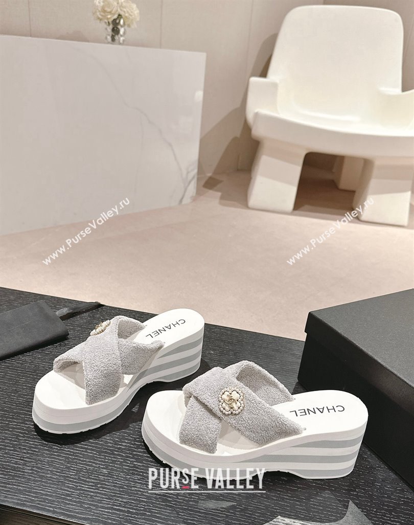 Chanel Towl Wedge Slides Sandals 7cm Grey 2024 0603 (MD-240603133)