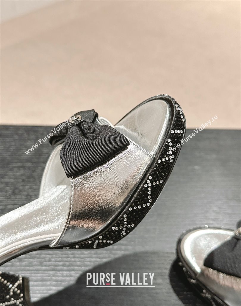 Chanel Calfskin Heel Sandals 7.5cm with Bow and Quilted Strass Silver 2024 0603 (MD-240603031)