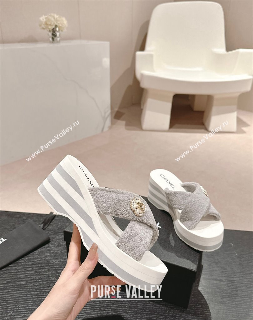 Chanel Towl Wedge Slides Sandals 7cm Grey 2024 0603 (MD-240603133)