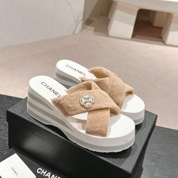 Chanel Towl Wedge Slides Sandals 7cm Beige 2024 0603 (MD-240603134)
