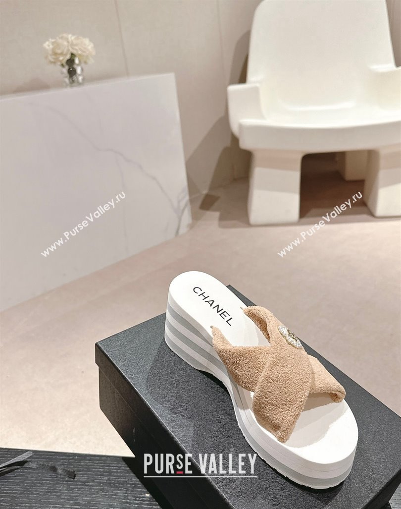 Chanel Towl Wedge Slides Sandals 7cm Beige 2024 0603 (MD-240603134)