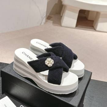 Chanel Towl Wedge Slides Sandals 7cm Black 2024 0603 (MD-240603135)
