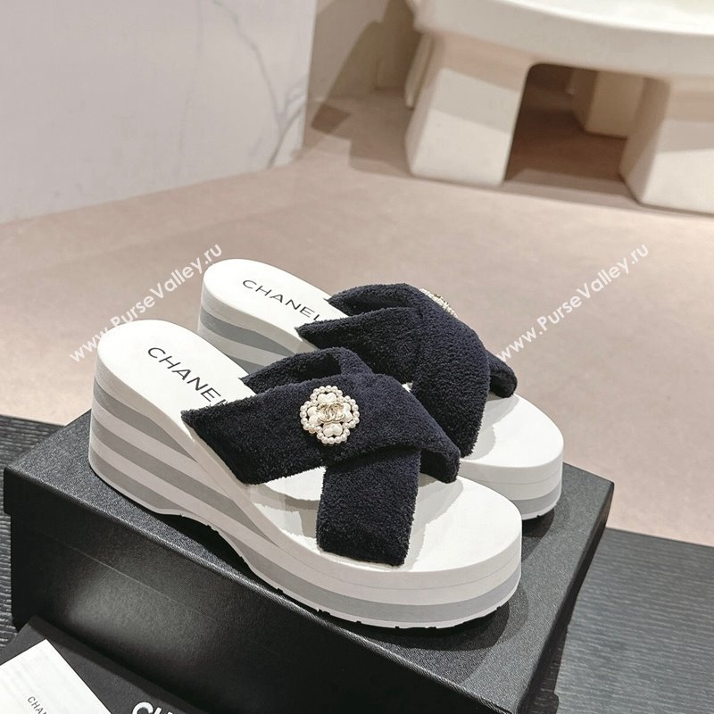 Chanel Towl Wedge Slides Sandals 7cm Black 2024 0603 (MD-240603135)