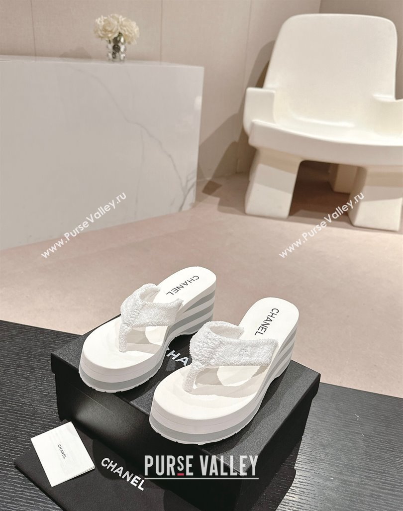 Chanel Towl Wedge Thong Slides Sandal 7cm White 2024 0603 (MD-240603136)