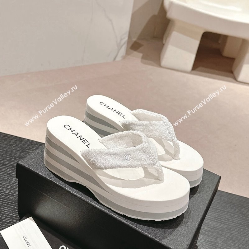 Chanel Towl Wedge Thong Slides Sandal 7cm White 2024 0603 (MD-240603136)