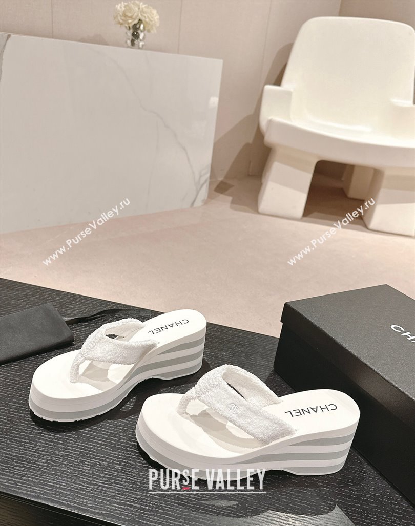 Chanel Towl Wedge Thong Slides Sandal 7cm White 2024 0603 (MD-240603136)