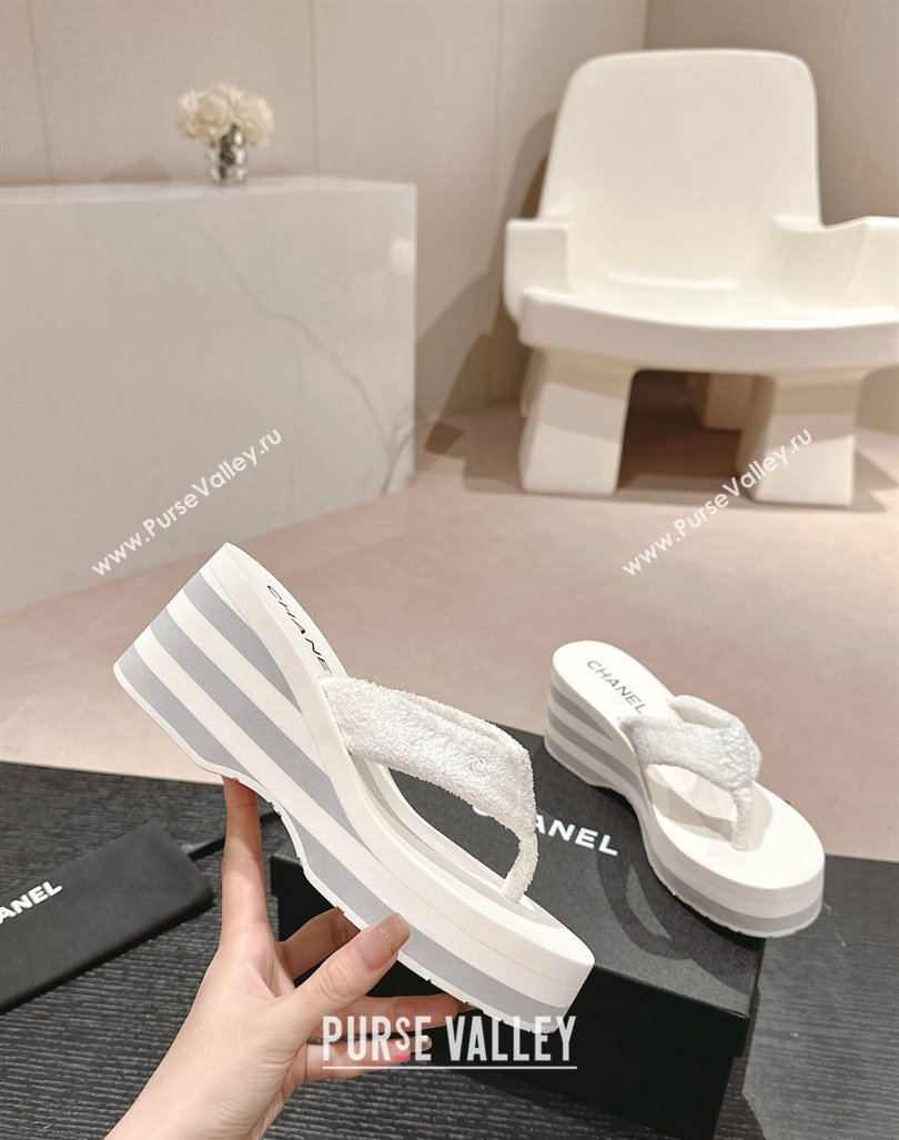 Chanel Towl Wedge Thong Slides Sandal 7cm White 2024 0603 (MD-240603136)