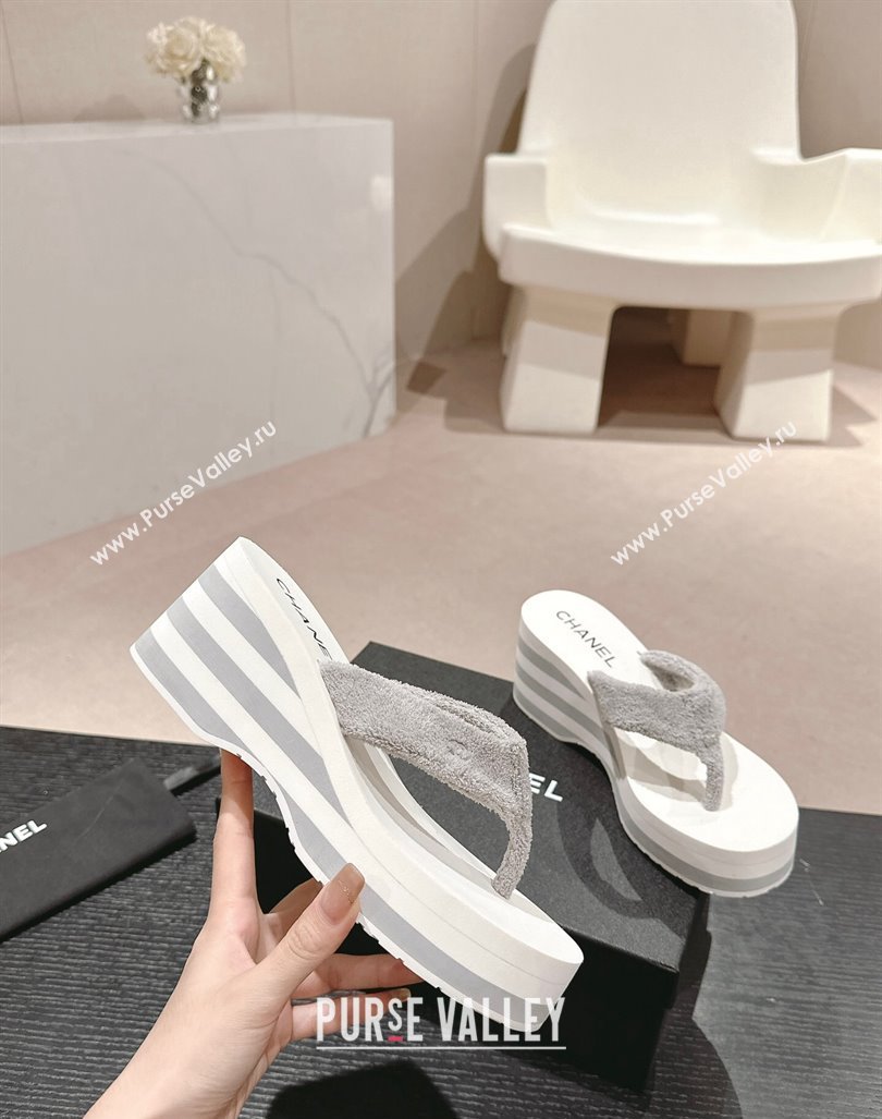 Chanel Towl Wedge Thong Slides Sandal 7cm Grey 2024 0603 (MD-240603137)