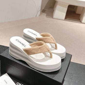 Chanel Towl Wedge Thong Slides Sandal 7cm Beige 2024 0603 (MD-240603138)