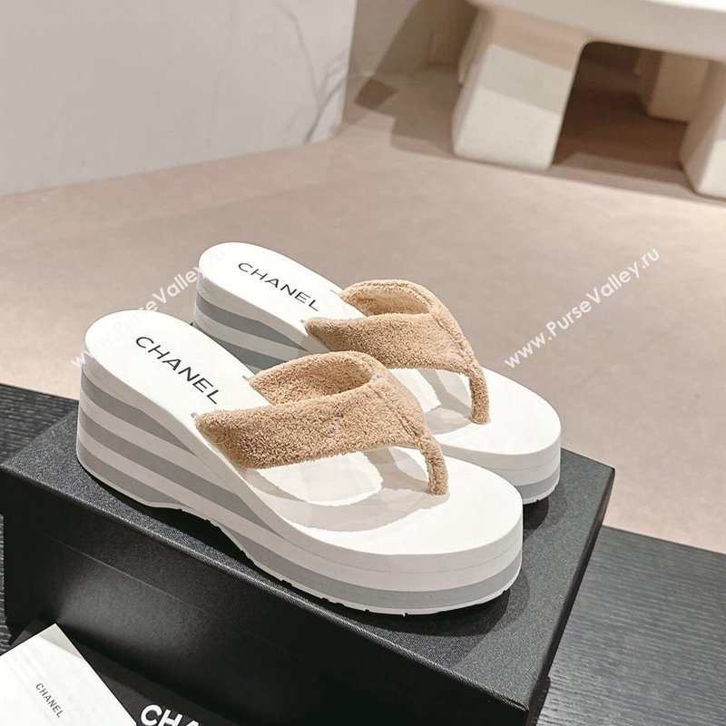 Chanel Towl Wedge Thong Slides Sandal 7cm Beige 2024 0603 (MD-240603138)