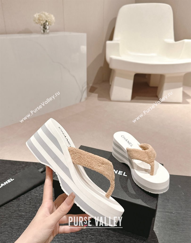 Chanel Towl Wedge Thong Slides Sandal 7cm Beige 2024 0603 (MD-240603138)