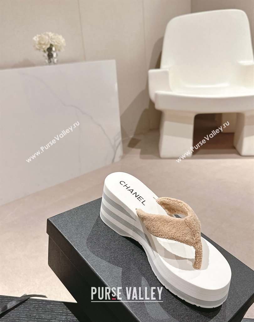 Chanel Towl Wedge Thong Slides Sandal 7cm Beige 2024 0603 (MD-240603138)