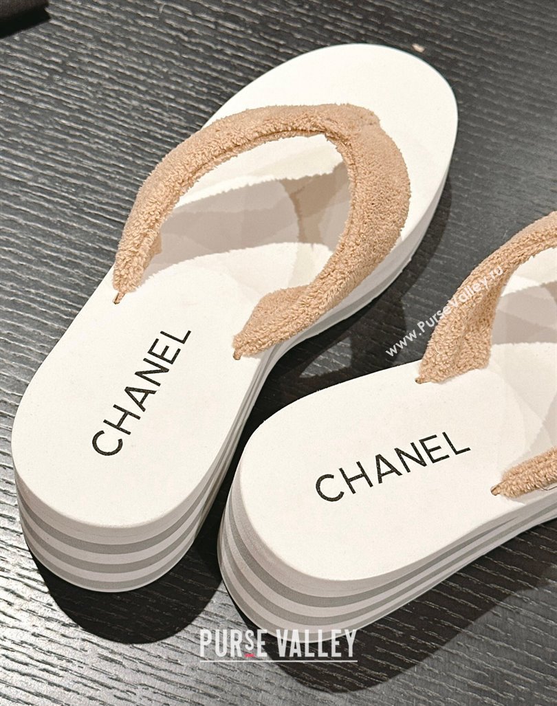 Chanel Towl Wedge Thong Slides Sandal 7cm Beige 2024 0603 (MD-240603138)