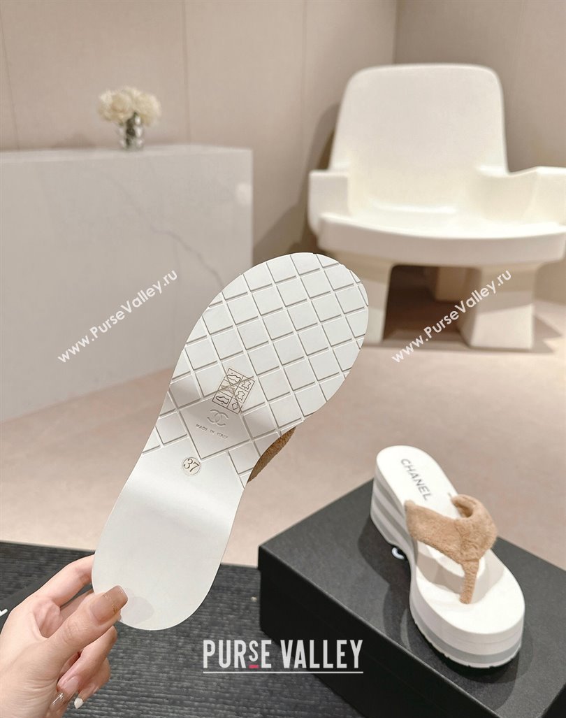 Chanel Towl Wedge Thong Slides Sandal 7cm Beige 2024 0603 (MD-240603138)