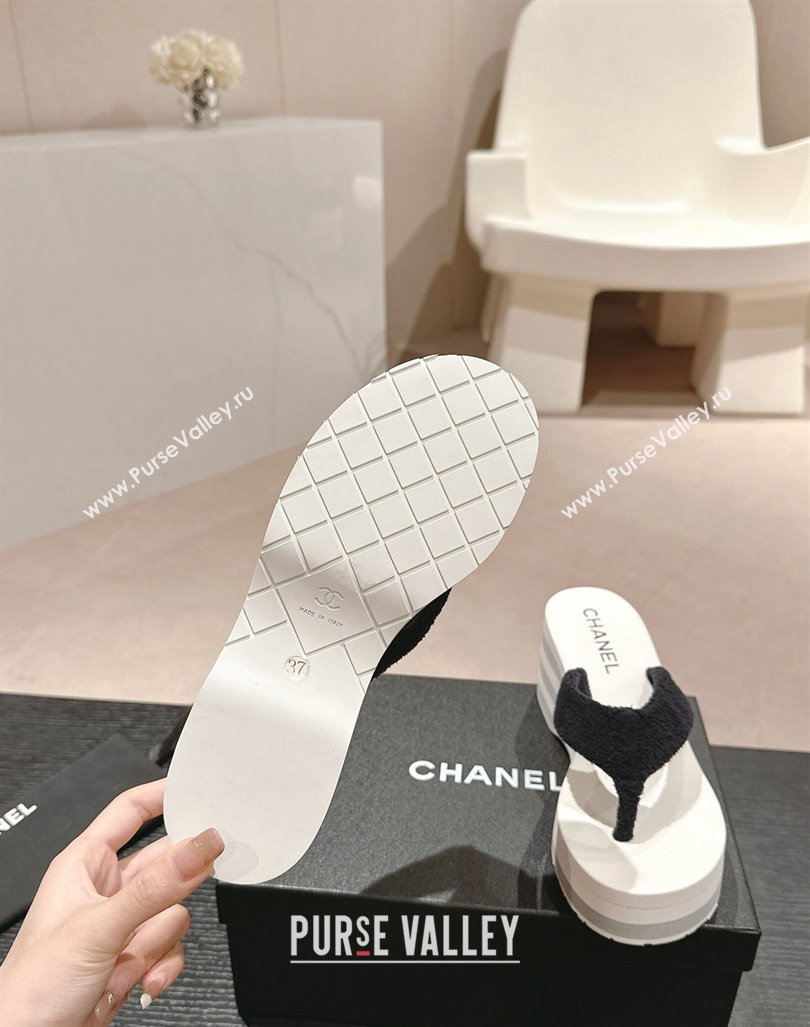 Chanel Towl Wedge Thong Slides Sandal 7cm Black 2024 0603 (MD-240603139)